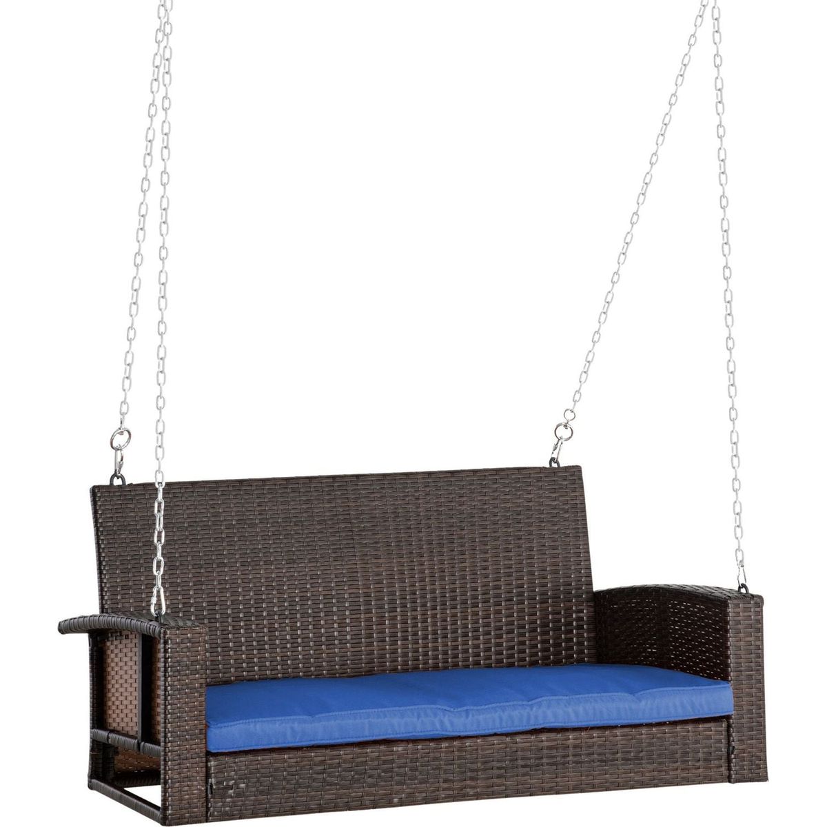 2 Person Wicker Hanging Swing Bench, Front Porch Swing Outdoor Chair with Cushions 550 lbs. Weight Capacity for Backyard, Garden, Blue