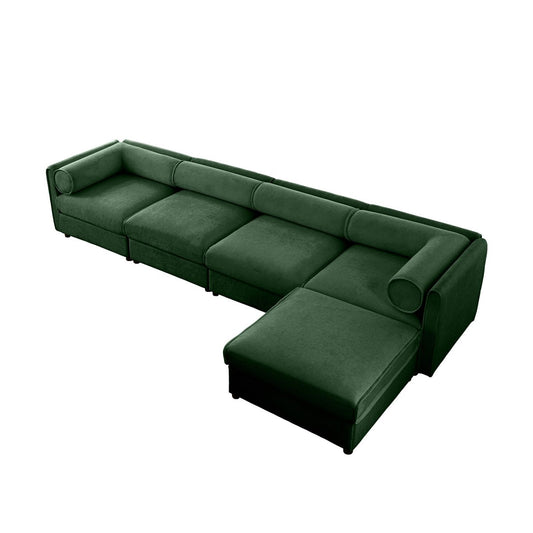 Modular Sectional Sofa with Storage, Cylindrical Backrest and Armrests, Deep Comfortable Seating, Green Chenille, 4 Seat L-Shaped Sofa