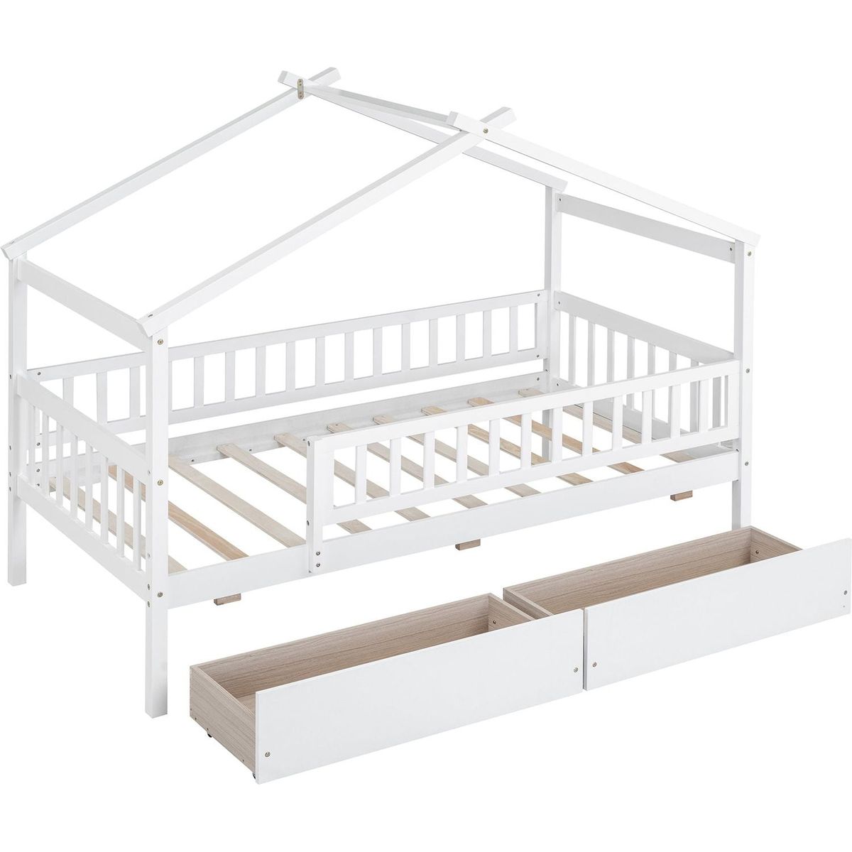 Twin Size Wooden House Bed with Two Drawers, White