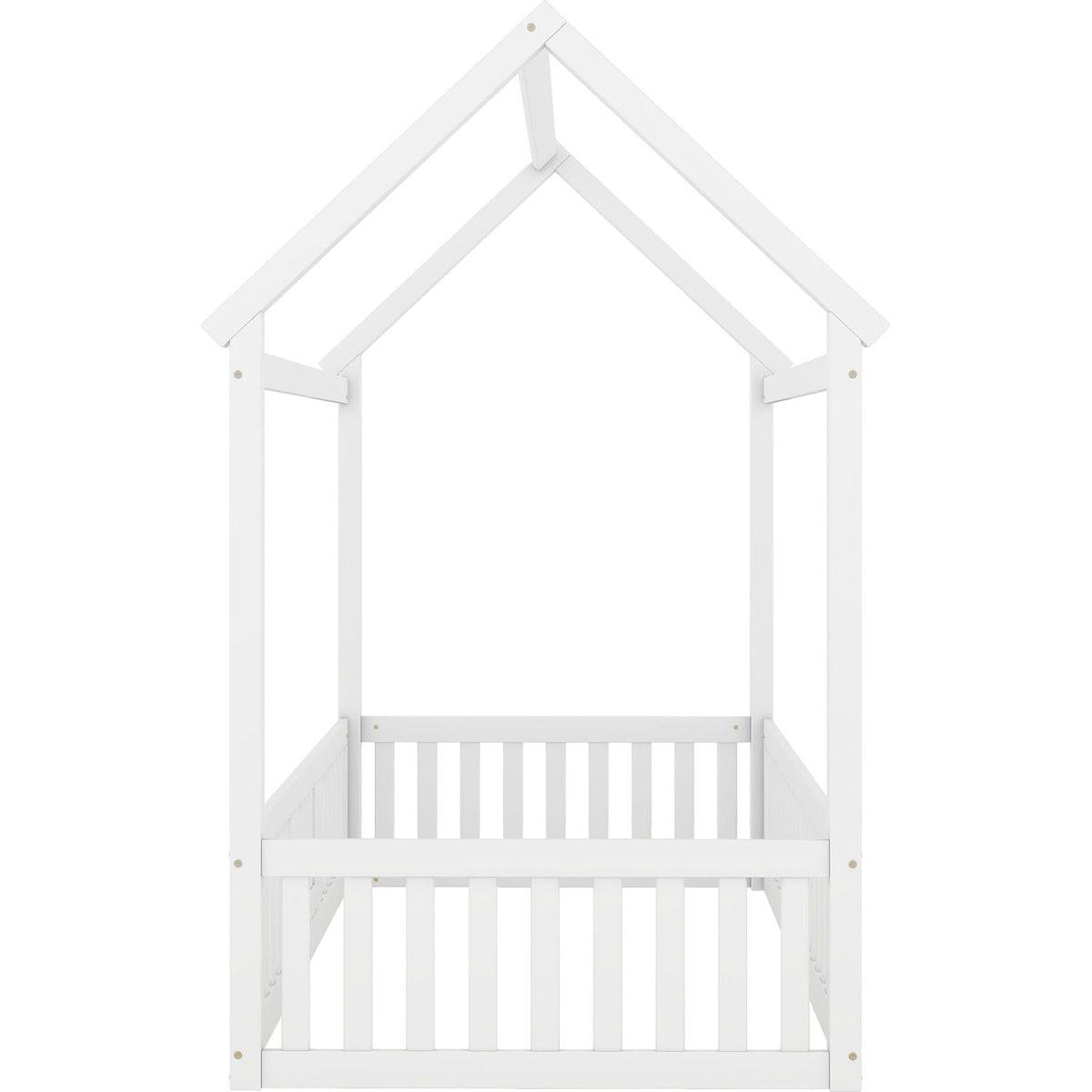 Twin Size Wood House Bed with Fence and Door, White