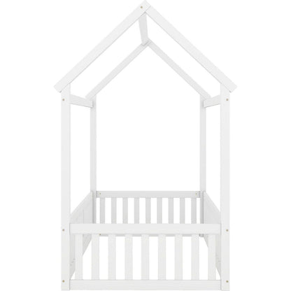 Twin Size Wood House Bed with Fence and Door, White