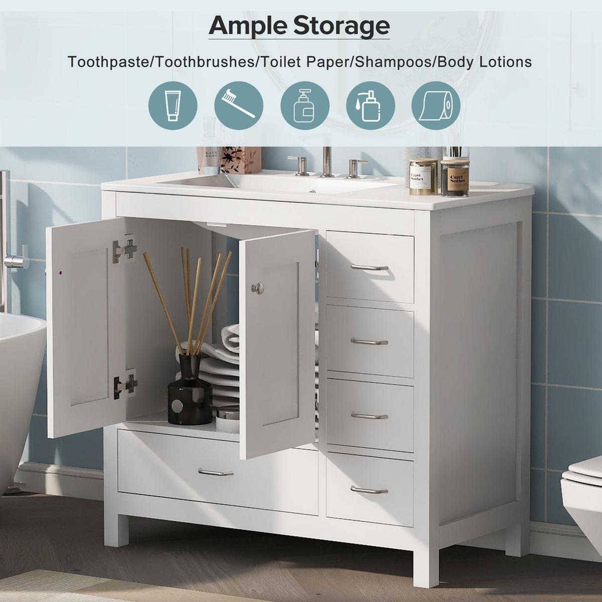 36" White Bathroom Vanity with Ceramic Sink Combo, Abundant Storage Cabinet -2 Soft-close doors and 5 drawers