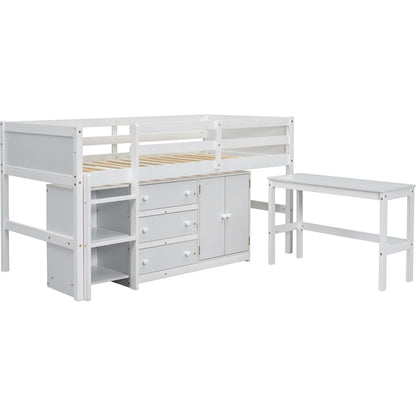 Twin Size Low Loft Bed With Pull-Out Desk, Drawers, Cabinet, and Shelves for White Color