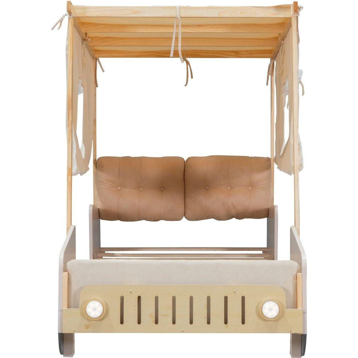 Wood Twin Size Car Bed with Pillow, Ceiling Cloth and LED, Natural