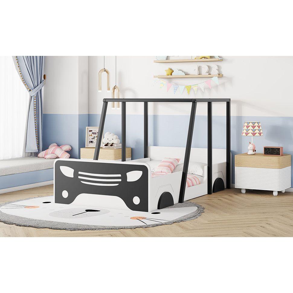 Twin Size Car-shaped Bed with Roof,Wooden Twin Floor Bed with wheels and door Design,Montessori Inspired Bedroom,Black