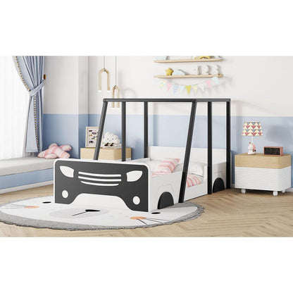 Twin Size Car-shaped Bed with Roof,Wooden Twin Floor Bed with wheels and door Design,Montessori Inspired Bedroom,Black