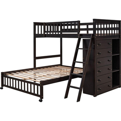 Wooden Twin Over Full Bunk Bed With Six Drawers And Flexible Shelves,Bottom Bed With Wheels,Espresso