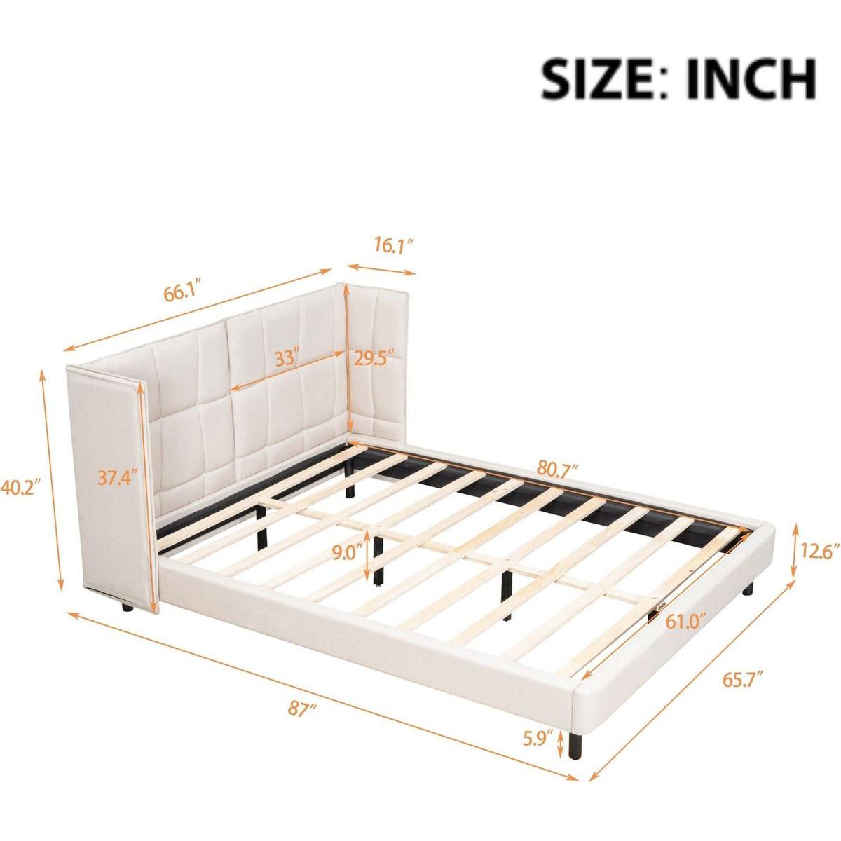 Queen Size Upholstered Platform Bed with LED Lights and U-Shaped Headboard, Linen Fabric, Beige