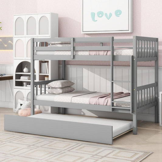 Twin Over Twin Rubber Wood Bunk Bed with Trundle, Convertible into Twin Size Beds, Twin Size Bunk Bed with Ladder and Safety Guardrails,Grey - Streamdale Furniture