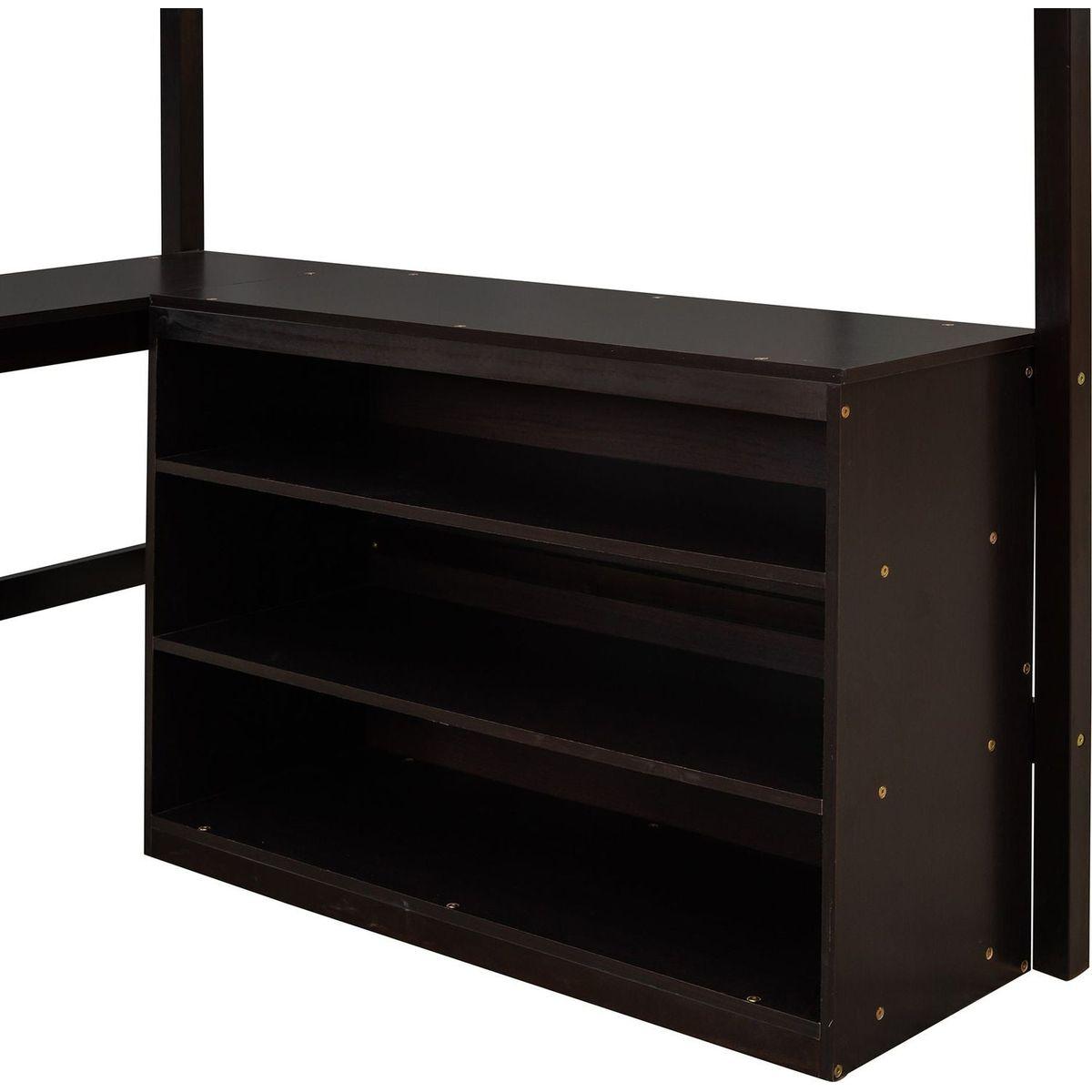 Full size Loft Bed with Shelves and Desk, Wooden Loft Bed with Desk - Espresso