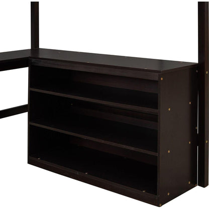 Full size Loft Bed with Shelves and Desk, Wooden Loft Bed with Desk - Espresso