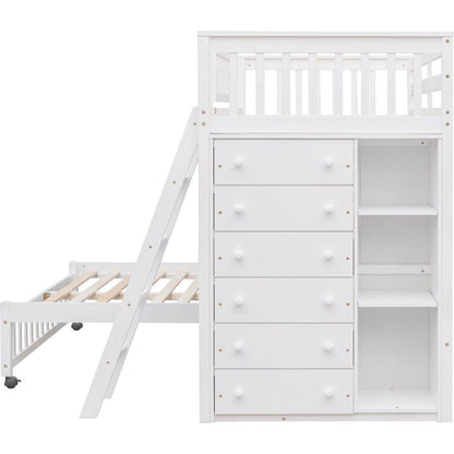 Wooden Twin Over Full Bunk Bed With Six Drawers And Flexible Shelves,Bottom Bed With Wheels,White