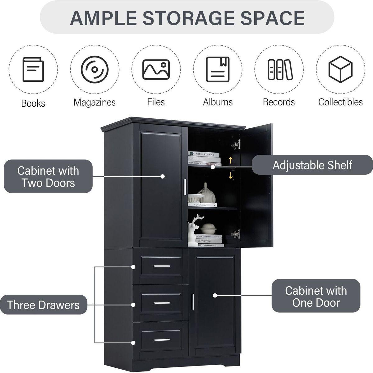 Tall and Wide Storage Cabinet with Doors for Bathroom/Office, Three Drawers, Black