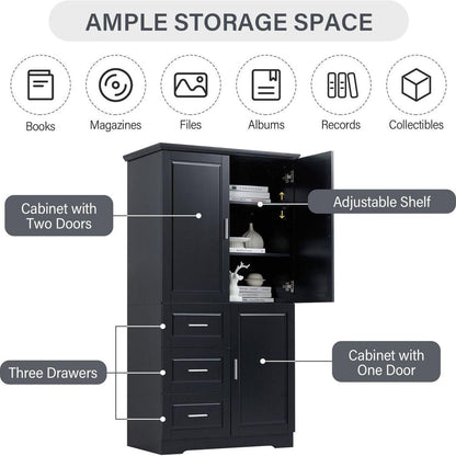 Tall and Wide Storage Cabinet with Doors for Bathroom/Office, Three Drawers, Black