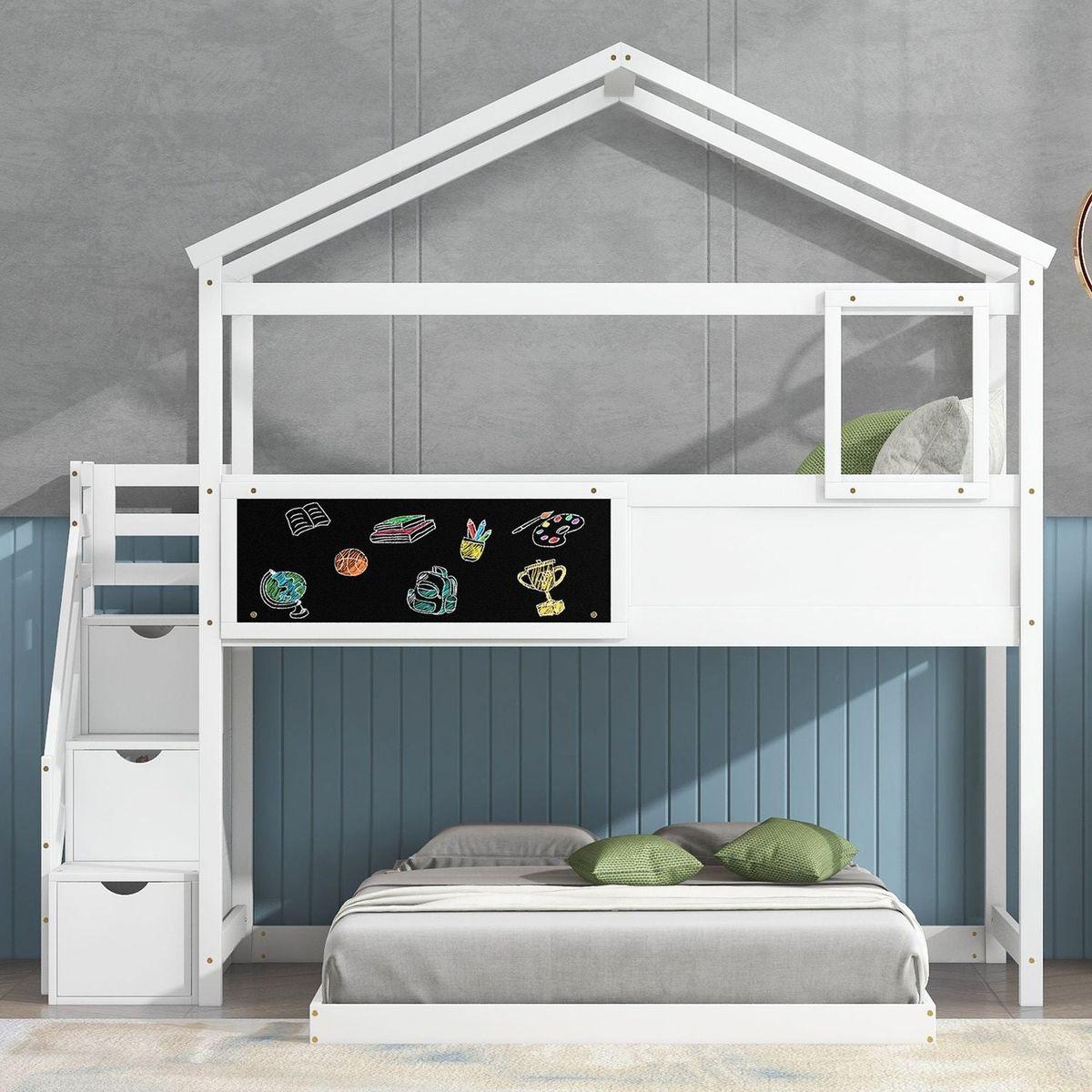 Twin over Full House Bunk Bed with Storage Staircase and Blackboard,White