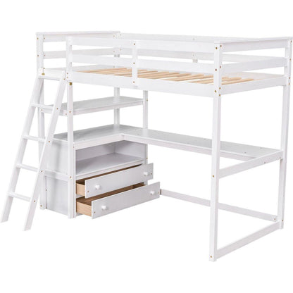 Twin Size Loft Bed with Desk and Shelves, Two Built-in Drawers, White