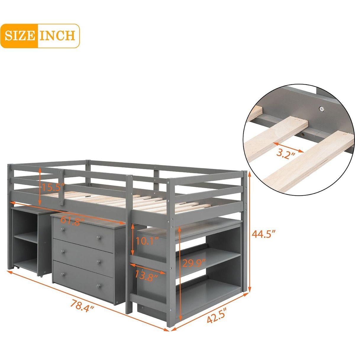 Low Study Twin Loft Bed with Cabinet and Rolling Portable Desk - Gray