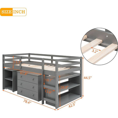Low Study Twin Loft Bed with Cabinet and Rolling Portable Desk - Gray