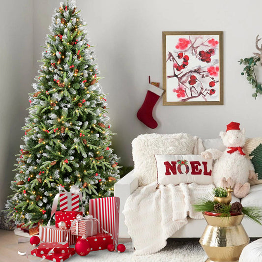 5FT Christmas Tree with 250 Warm White LED Lights – 1131 Snow-Tipped PE+PVC Branches, Red Berries & Pine Cones, Hinged Design, Stable Metal Stand – Realistic Holiday Decoration