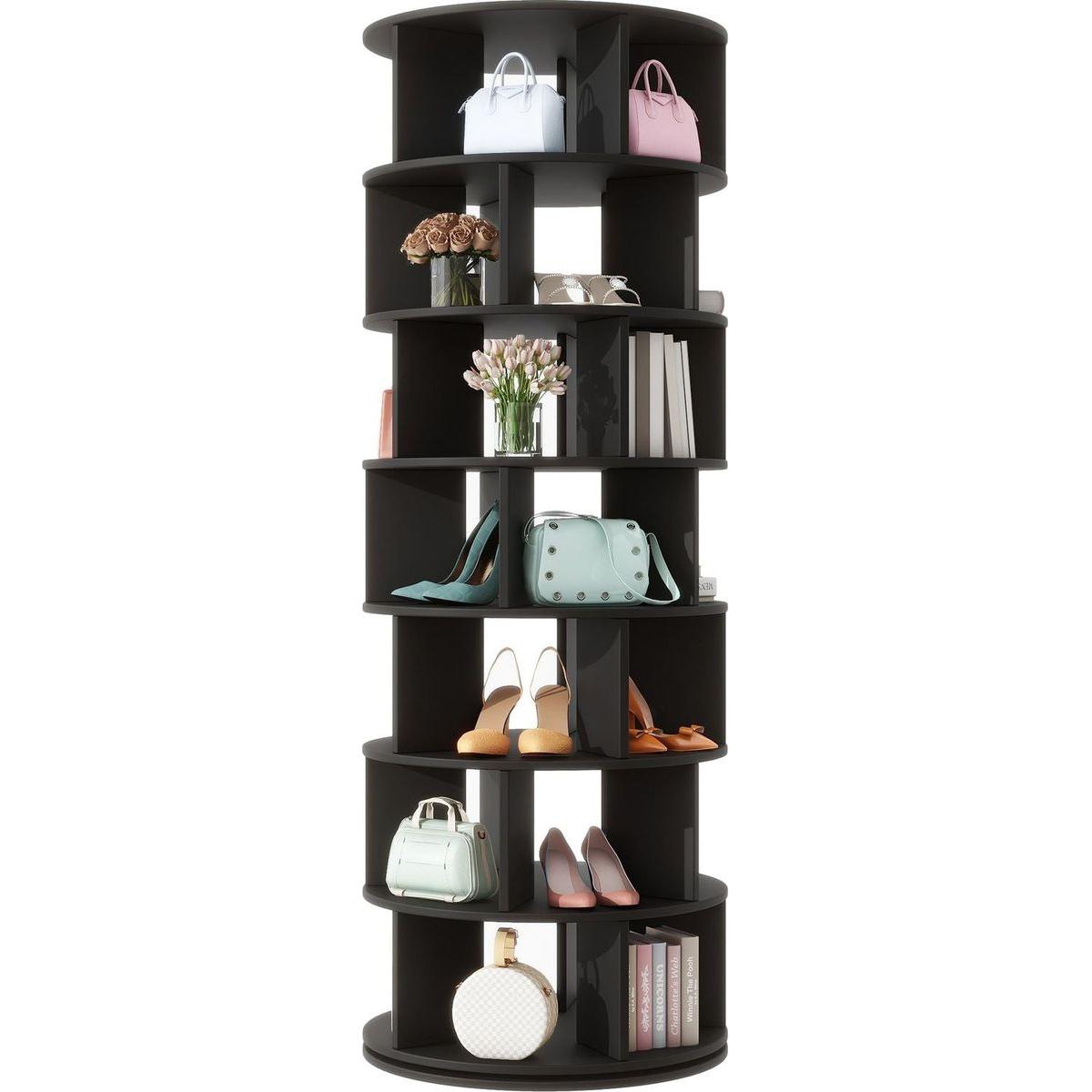 23.6" Rotating Shoe Rack Tower, 7-Tier Spinning Shoe Shelf with 5 Grids Per Layer, Display Rack, 360 Revolving Shoe Carousel Closet Organizer for Entryway, Living Room, Black