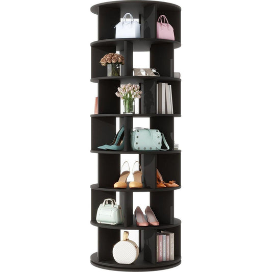 23.6" Rotating Shoe Rack Tower, 7-Tier Spinning Shoe Shelf with 5 Grids Per Layer, Display Rack, 360 Revolving Shoe Carousel Closet Organizer for Entryway, Living Room, Black