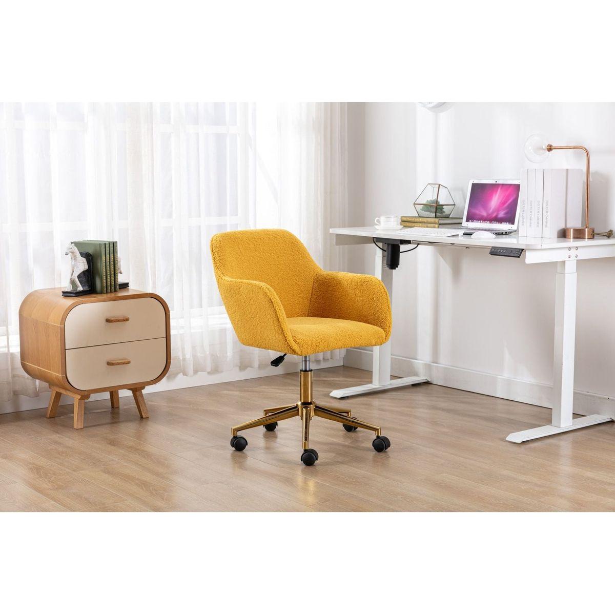 Modern Teddy Fabric Material Adjustable Height 360 Revolving Home Office Chair With Gold Metal Legs And Universal Wheel For Indoor,Yellow