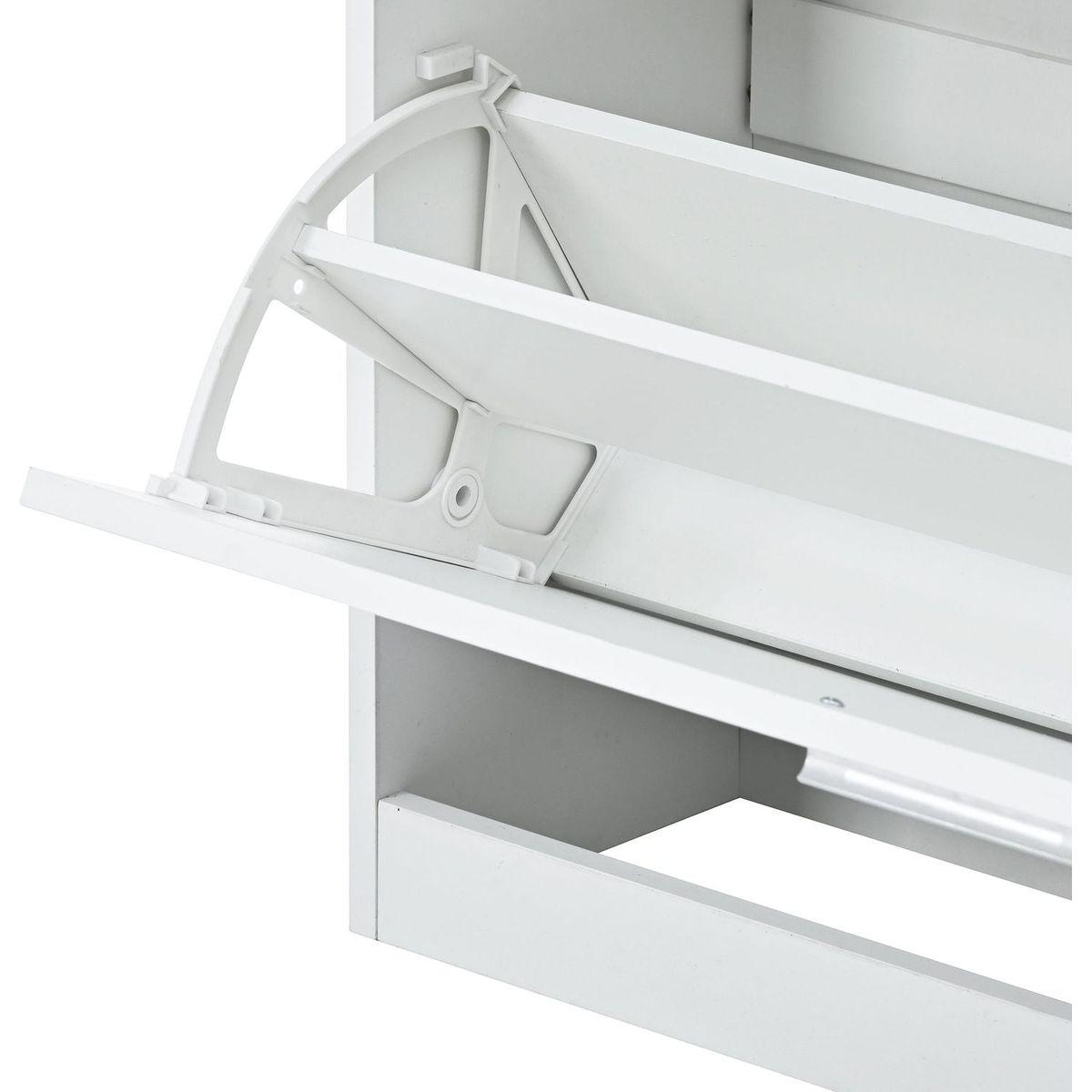 Slim Entryway Organizer with 2 Flip Drawers, Tempered Glass Top Shoe Storage Cabinet with Drawer, Free Standing Shoe Rack with LED Light for Hallway, White