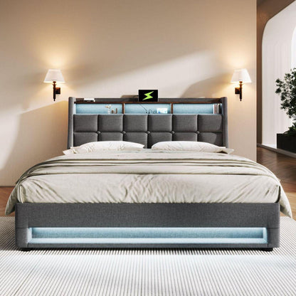 Full size Upholstered Platform bed with a Hydraulic Storage System, LED and USB Charging, Grey (without mattress)