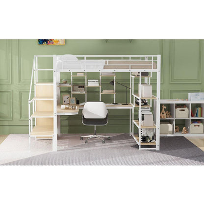 Full Size Metal Loft Bed with Storage Staircase and Small Wardrobe, Built-in Desk and Storage Shelves, White