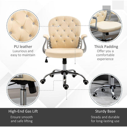 PU Leather Home Office Chair, Button Tufted Desk Chair with Padded Armrests, Adjustable Height and Swivel Wheels, Beige