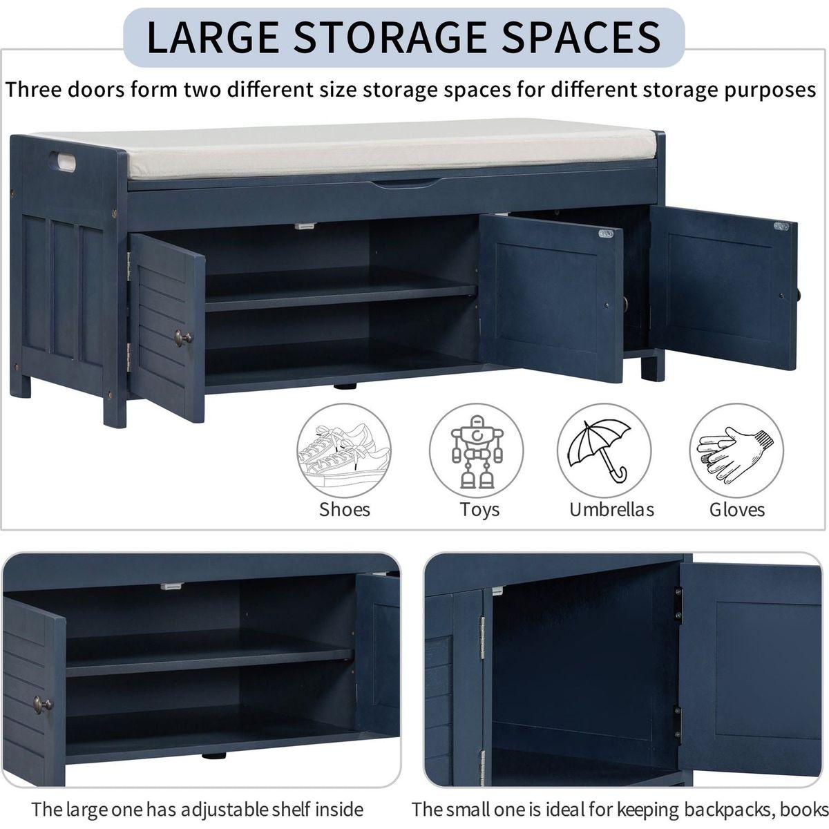 Storage Bench with 3 Shutter-shaped Doors, Shoe Bench with Removable Cushion and Hidden Storage Space (Antique Navy