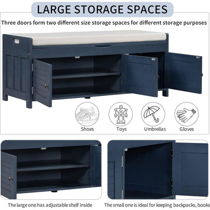 Storage Bench with 3 Shutter-shaped Doors, Shoe Bench with Removable Cushion and Hidden Storage Space (Antique Navy