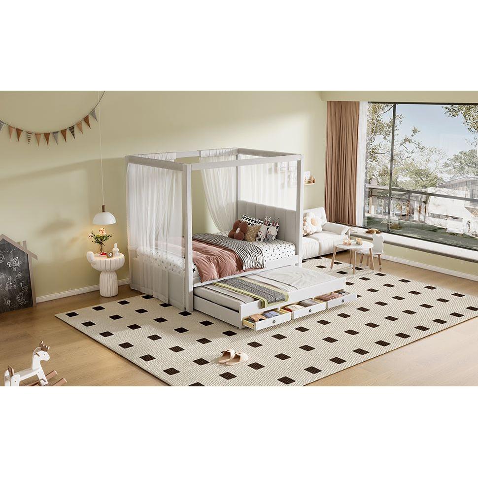 Twin Size Upholstery Canopy Platform Bed with Trundle and Three Storage Drawers, Beige