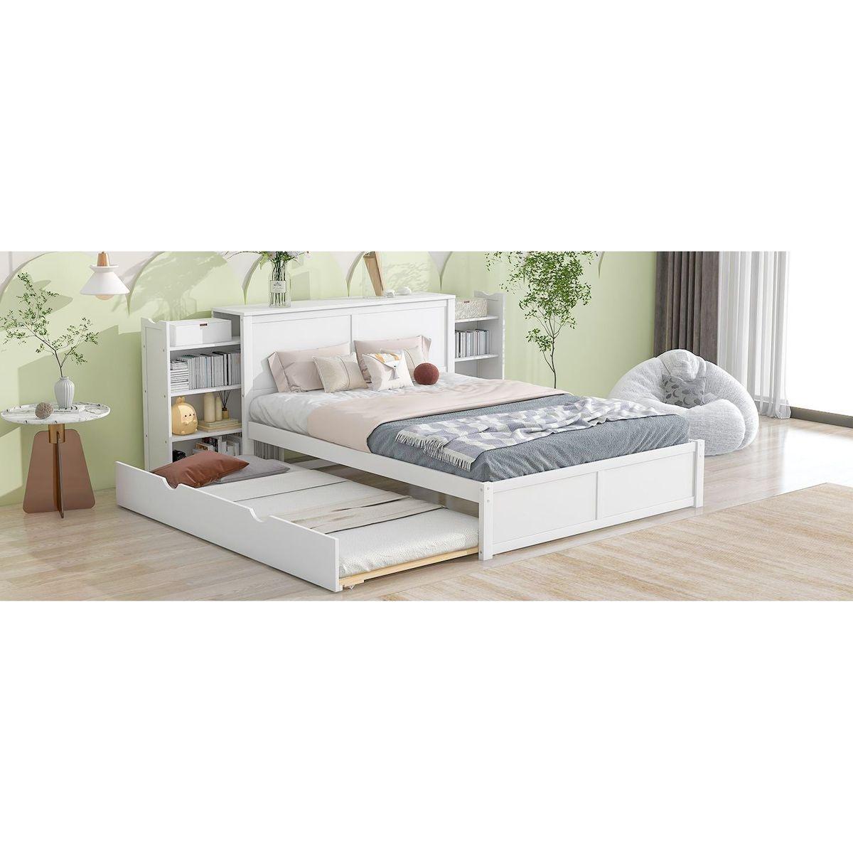 Queen Size Storage Platform Bed with Pull Out Shelves and Twin XL Size Trundle, White
