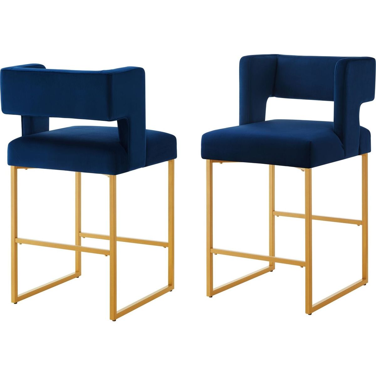 Modern Fashion Counter Height Bar Stools with Unique Square Open Backrest, Set of 2 Versatile Bar Chairs with Sturdy Iron Legs, 26" H Counter Height Chairs for kitchen islands, Navy /Gold