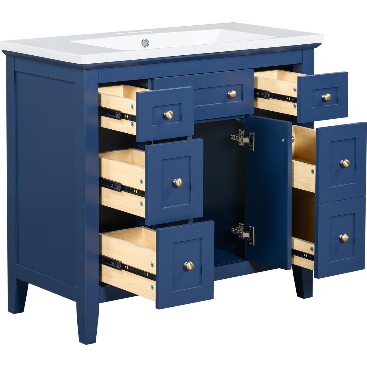 36" Bathroon Vanity with Resin Sink Combo Set, Modern Freestanding Single Bathroom Cabinet with 6 Drawers & 2 Cabinets, Storage Cabinet for Bathroom, Solid Wood Frame Vanity Set, Blue