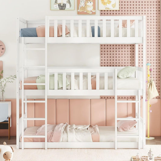 Twin Size Triple Rubber Wood Bunk Bed, with Ladders, Guardrails Detachable Bunk Bed, Twin over Twin over Twin,White