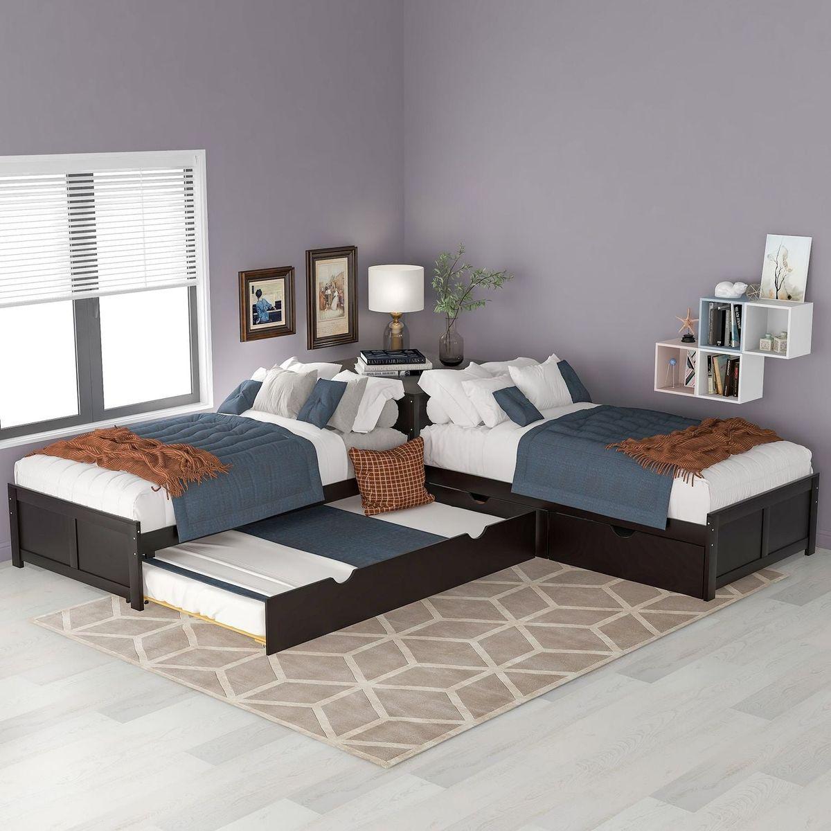 L-shaped Platform Bed with Trundle and Drawers Linked with built-in Desk,Twin,Espresso(Old SKU:SM000916AAP) - Streamdale Furniture