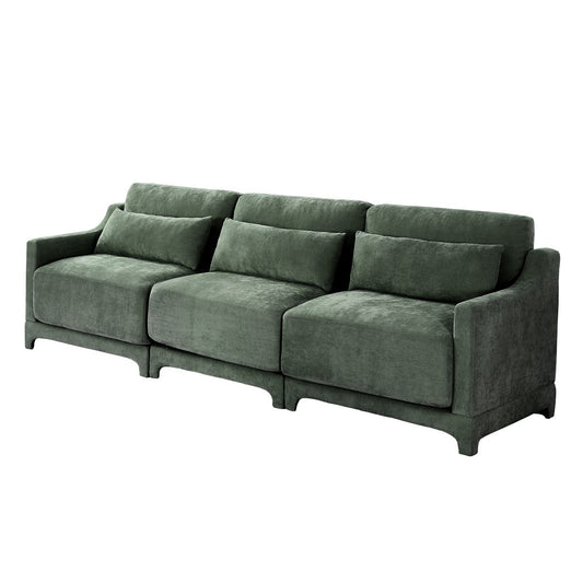 Elegant Three-Seater Sofa with Lumbar Pillow, Ergonomic Chenille Upholstery, Wooden Base, Green