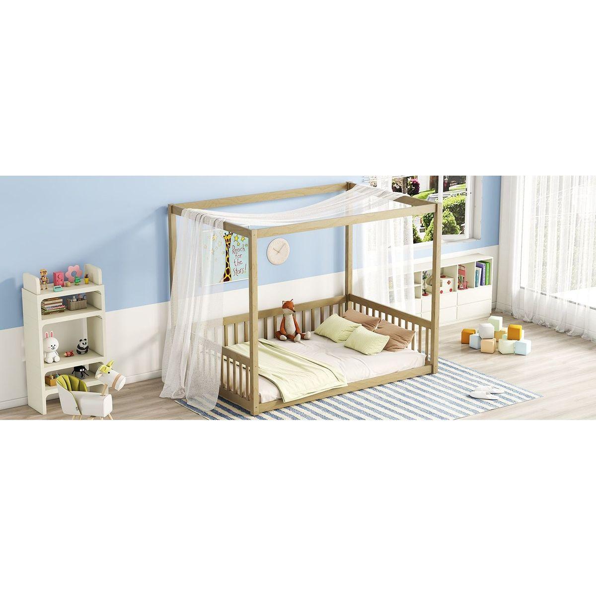 Full Size Canopy Frame Floor Bed with Fence, Guardrails,Natural