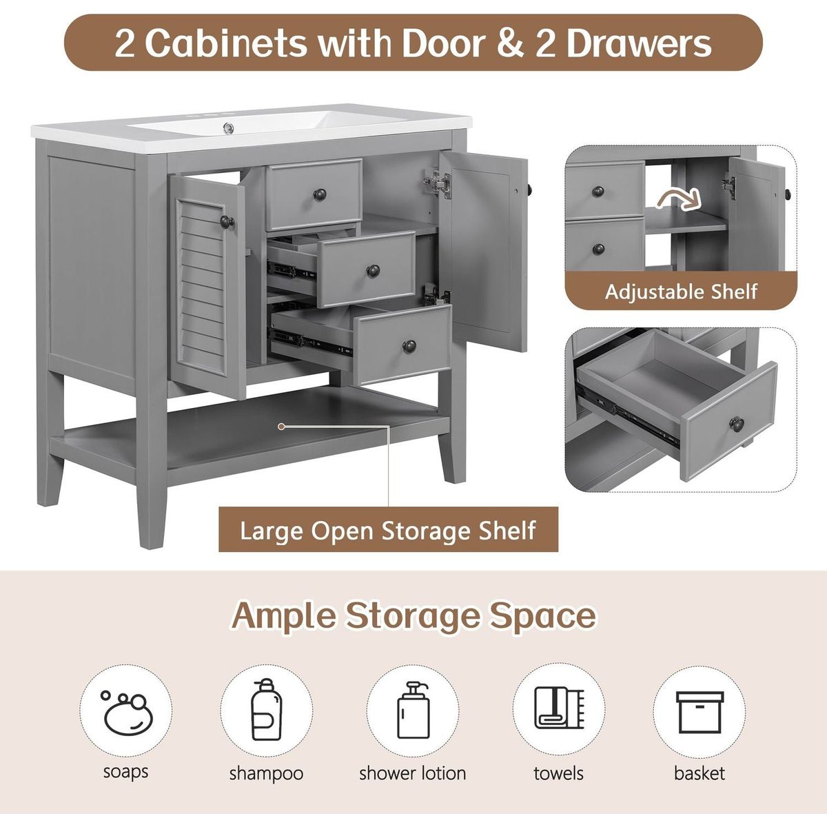 36" Bathroom Vanity without Sink, Cabinet Base Only, Two Cabinets and Drawers, Open Shelf, Solid Wood Frame, Grey