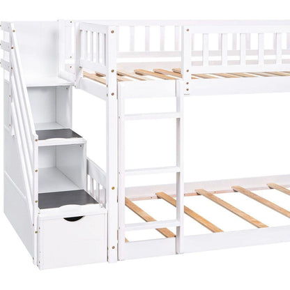 Stairway Twin over Twin Bunk Bed with Two Drawers and Slide, White