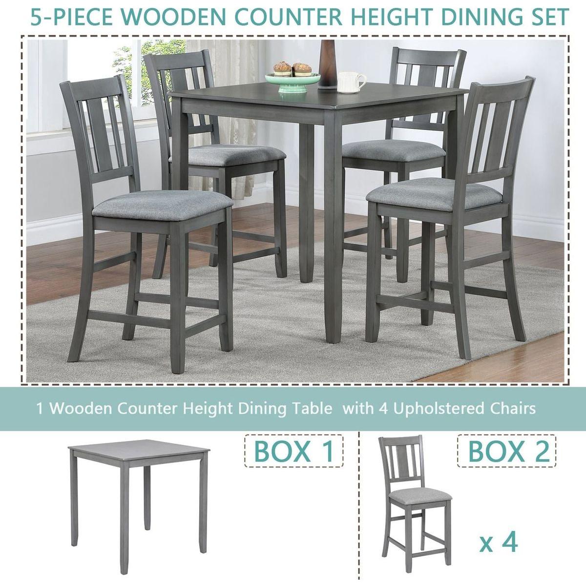 5 Piece Dining Table Set, Wooden Dining Square Table Set for 4, Counter Height Kitchen Table Set with Square Table and 4 Upholstered Chairs for Small Space, Gray - Streamdale Furniture