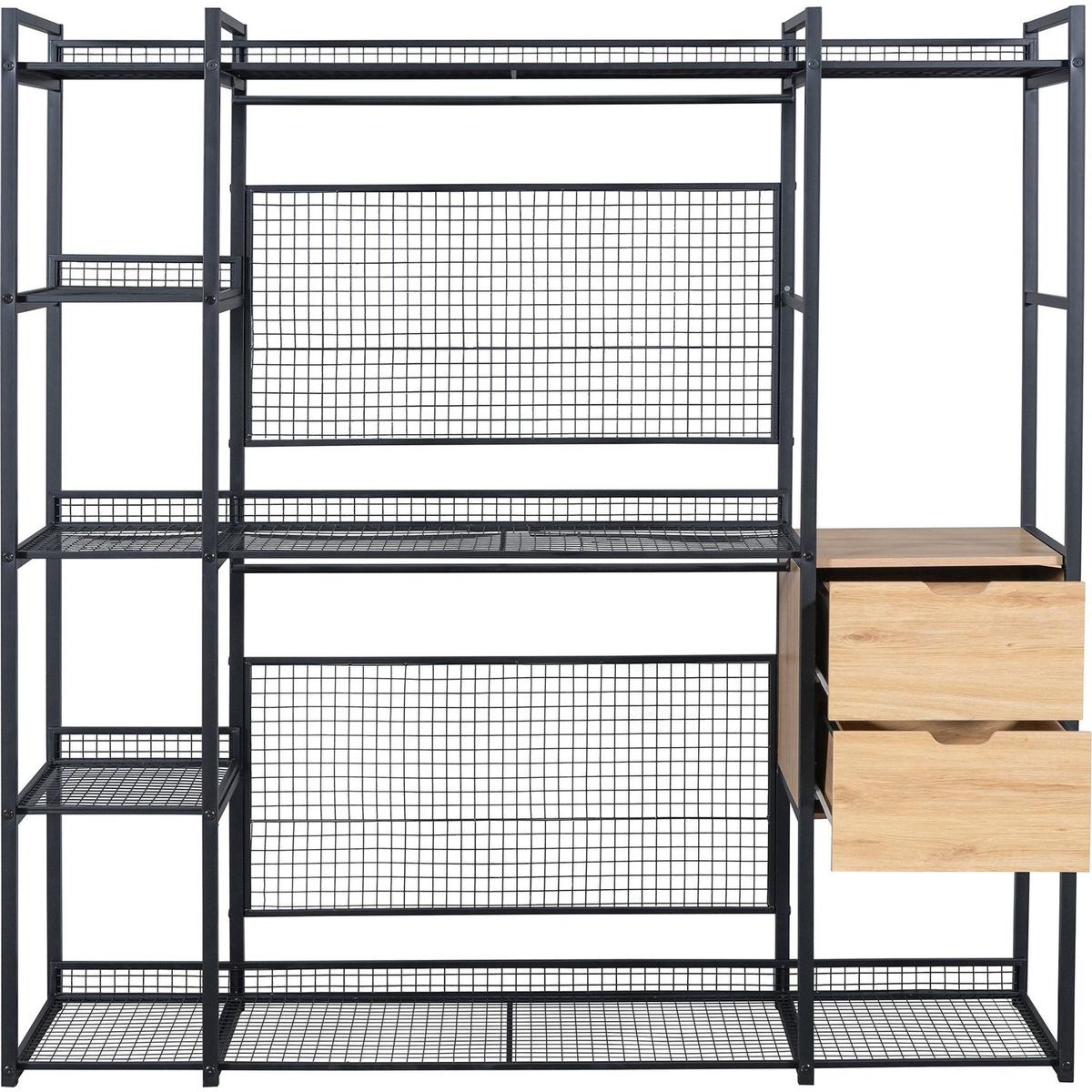 Open-Style Wardrobe with Hanging Rails, Shelves and Drawers, Black