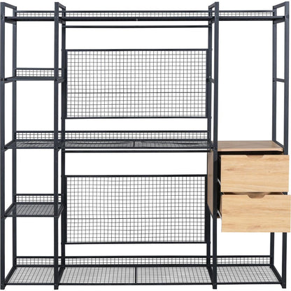 Open-Style Wardrobe with Hanging Rails, Shelves and Drawers, Black