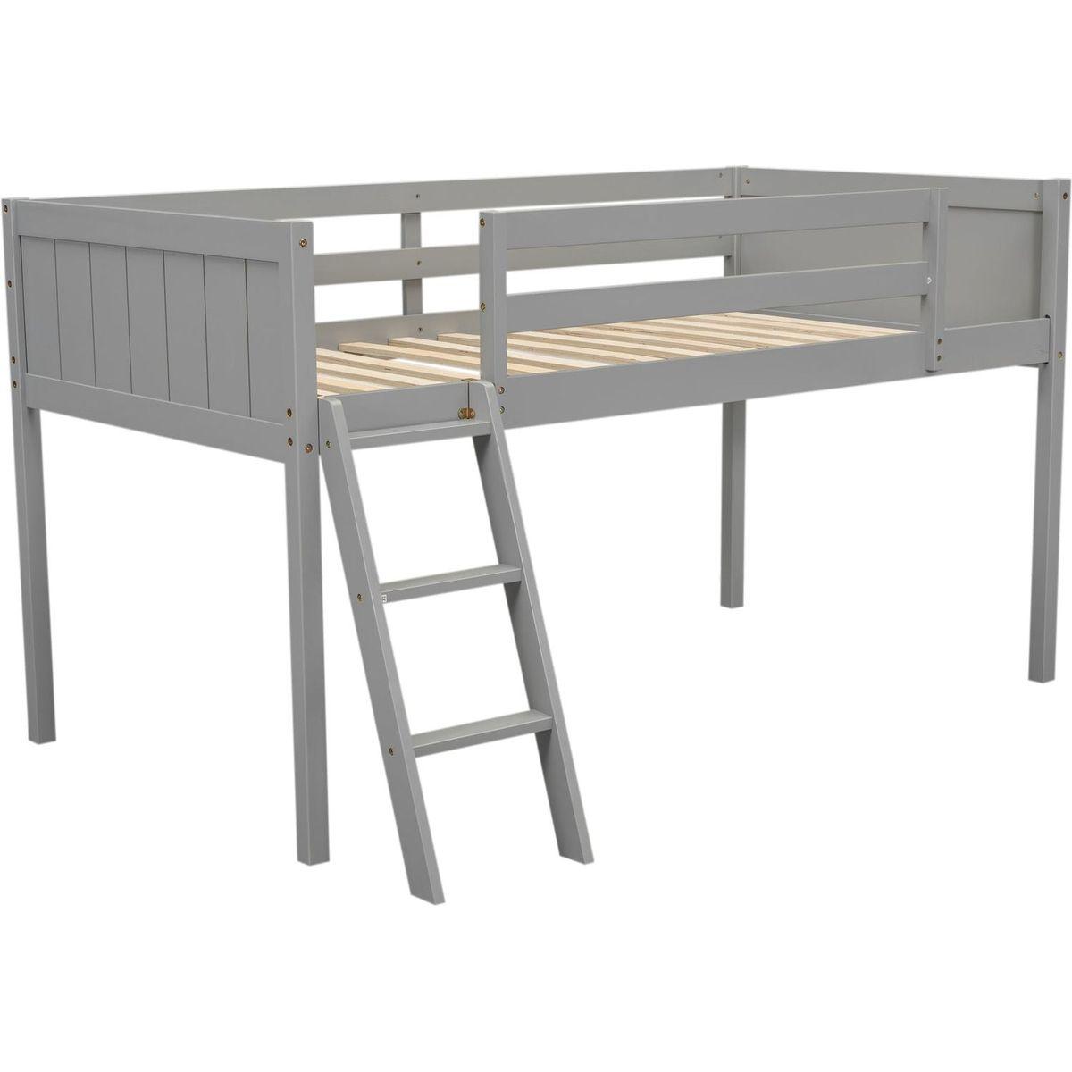 Twin Size Wood Low Loft Bed with Ladder, ladder can be placed on the left or right, Gray