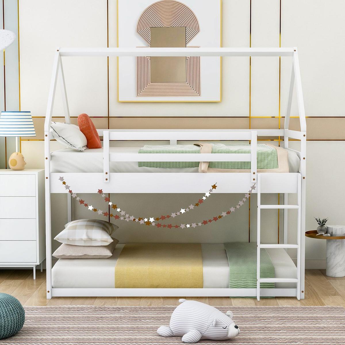 Twin over Twin Low Bunk Bed, House Bed with Ladder, White