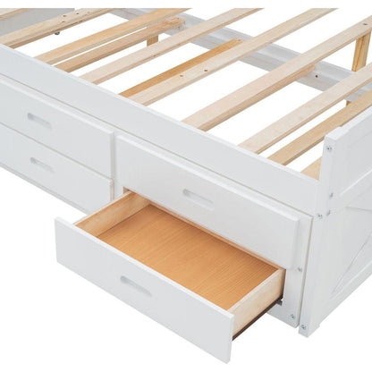Full Size Wooden Bed with Storage Headboard with Outlets, Extendable Bed with Twin Size Trundle with Three Storage Drawers,White