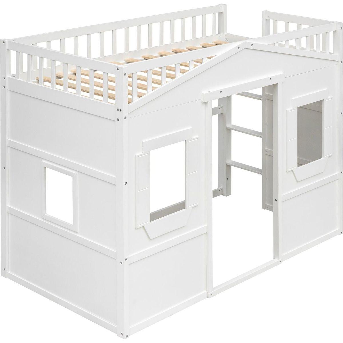 Twin Size House Loft Bed With Ladder-White