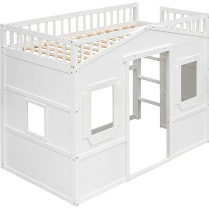 Twin Size House Loft Bed With Ladder-White